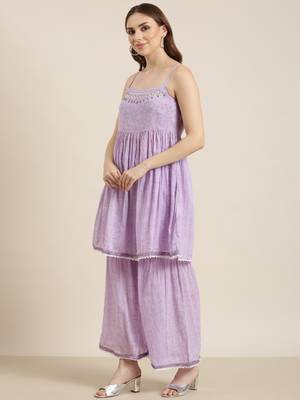 women's shoulder straps floral lavender anarkali kurta and sharara with dupatta 3