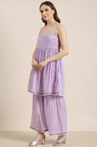women's shoulder straps floral lavender anarkali kurta and sharara with dupatta