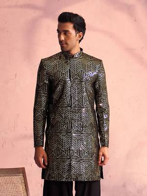 Men'S Black Georgette Sherwani Only Top 1