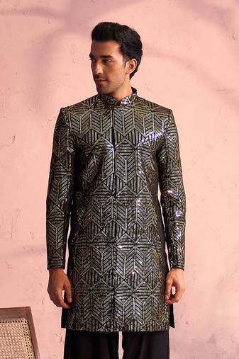 Men'S Black Georgette Sherwani Only Top
