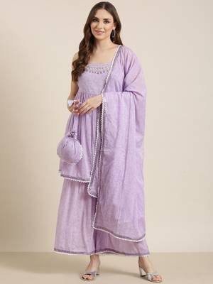 women's shoulder straps floral lavender anarkali kurta and sharara with dupatta 4