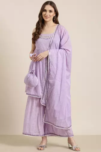 women's shoulder straps floral lavender anarkali kurta and sharara with dupatta