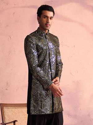 Men'S Black Georgette Sherwani Only Top 2