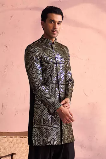 Men'S Black Georgette Sherwani Only Top