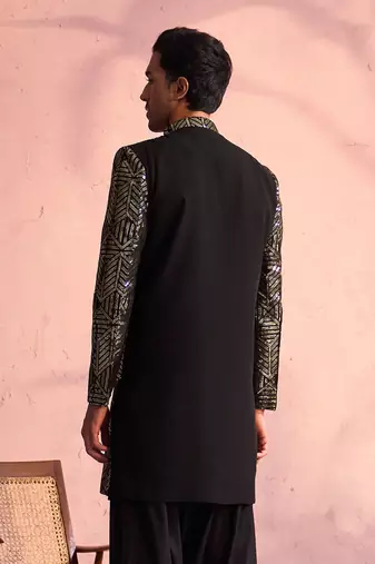 Men'S Black Georgette Sherwani Only Top