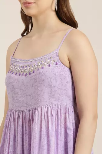 women's shoulder straps floral lavender anarkali kurta and sharara with dupatta