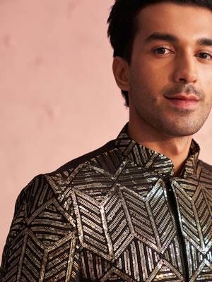 Men'S Black Georgette Sherwani Only Top 4