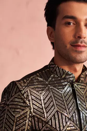 Men'S Black Georgette Sherwani Only Top