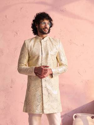 Men'S Cream Georgette Sherwani Only Top 1