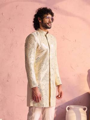 Men'S Cream Georgette Sherwani Only Top 2