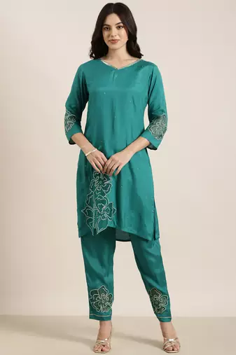 women's v-neck floral zari green straight kurti and trouser