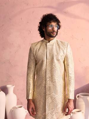 Men'S Cream Georgette Sherwani Only Top 4