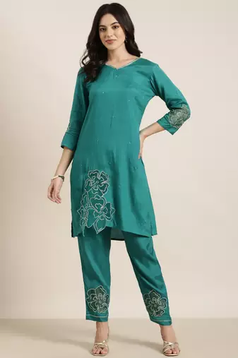 women's v-neck floral zari green straight kurti and trouser
