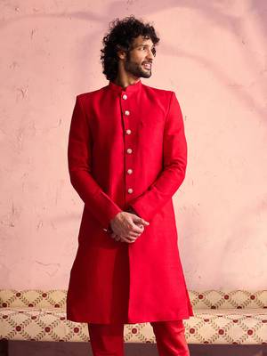 Men'S Red Moonga Silk Sherwani Only Top 1