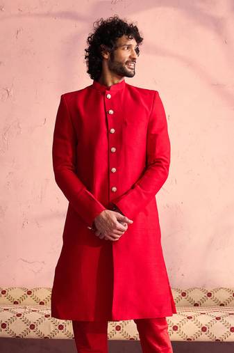 Men'S Red Moonga Silk Sherwani Only Top