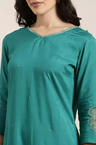 women's v-neck floral zari green straight kurti and trouser