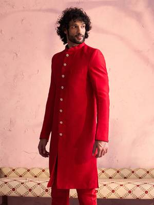 Men'S Red Moonga Silk Sherwani Only Top 2