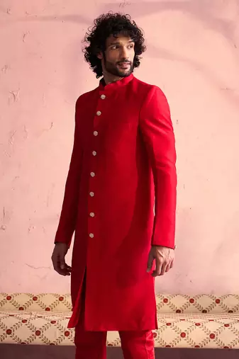 Men'S Red Moonga Silk Sherwani Only Top