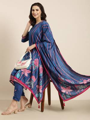 women's round neck floral blue straight kurta and trouser with dupatta 1