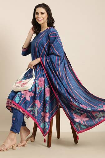 women's round neck floral blue straight kurta and trouser with dupatta