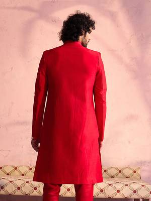 Men'S Red Moonga Silk Sherwani Only Top 3
