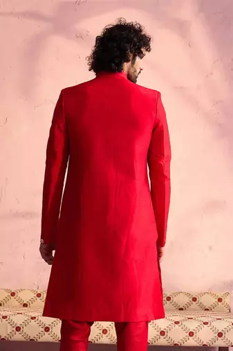 Men'S Red Moonga Silk Sherwani Only Top