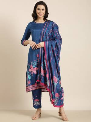 women's round neck floral blue straight kurta and trouser with dupatta 2
