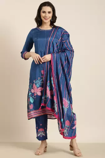 women's round neck floral blue straight kurta and trouser with dupatta