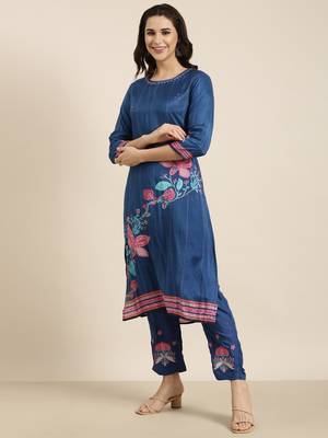 women's round neck floral blue straight kurta and trouser with dupatta 3