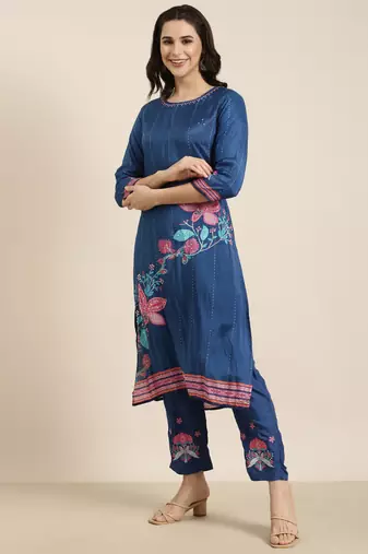 women's round neck floral blue straight kurta and trouser with dupatta