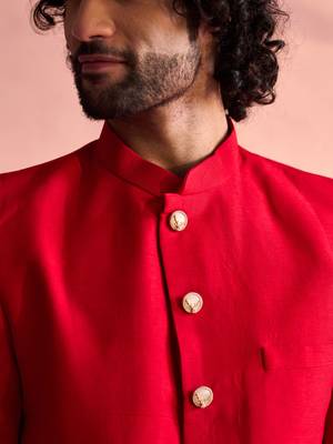 Men'S Red Moonga Silk Sherwani Only Top 4