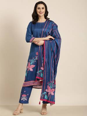 women's round neck floral blue straight kurta and trouser with dupatta 4