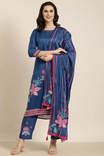 women's round neck floral blue straight kurta and trouser with dupatta