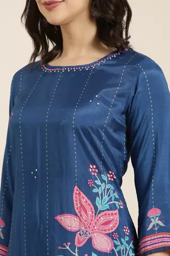 women's round neck floral blue straight kurta and trouser with dupatta