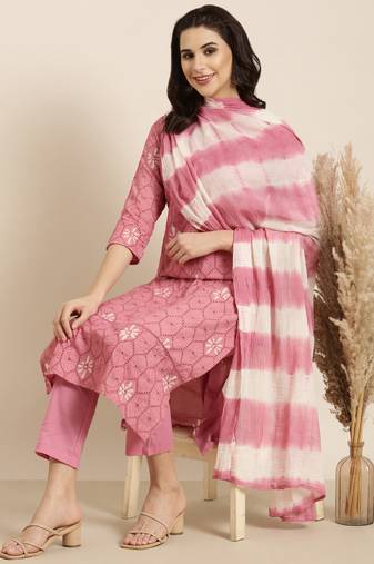 Showoff women's round neck woven design batik pink straight kurta and trouser with dupatta
