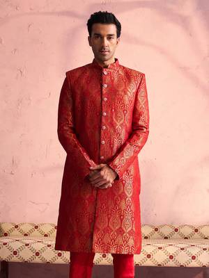 Men'S Red Silk Blend Sherwani Only Top 1