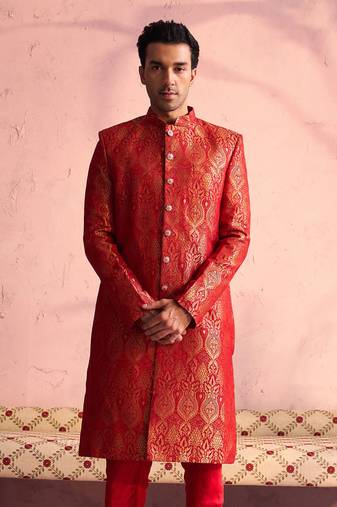 Men'S Red Silk Blend Sherwani Only Top