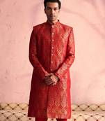 Men'S Red Silk Blend Sherwani Only Top