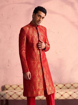 Men'S Red Silk Blend Sherwani Only Top 2