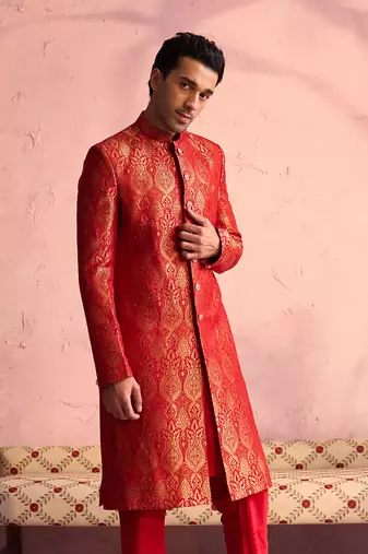 Men'S Red Silk Blend Sherwani Only Top