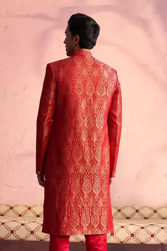 Men'S Red Silk Blend Sherwani Only Top