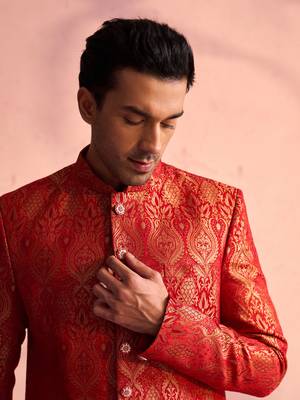Men'S Red Silk Blend Sherwani Only Top 4