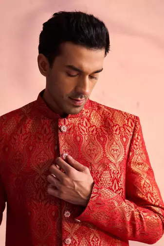 Men'S Red Silk Blend Sherwani Only Top