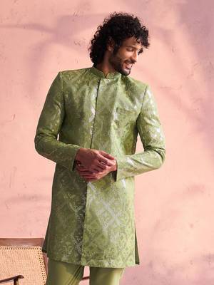 Vastramay men's mint green georgette sherwani only top 1