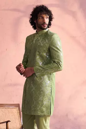 Vastramay men's mint green georgette sherwani only top