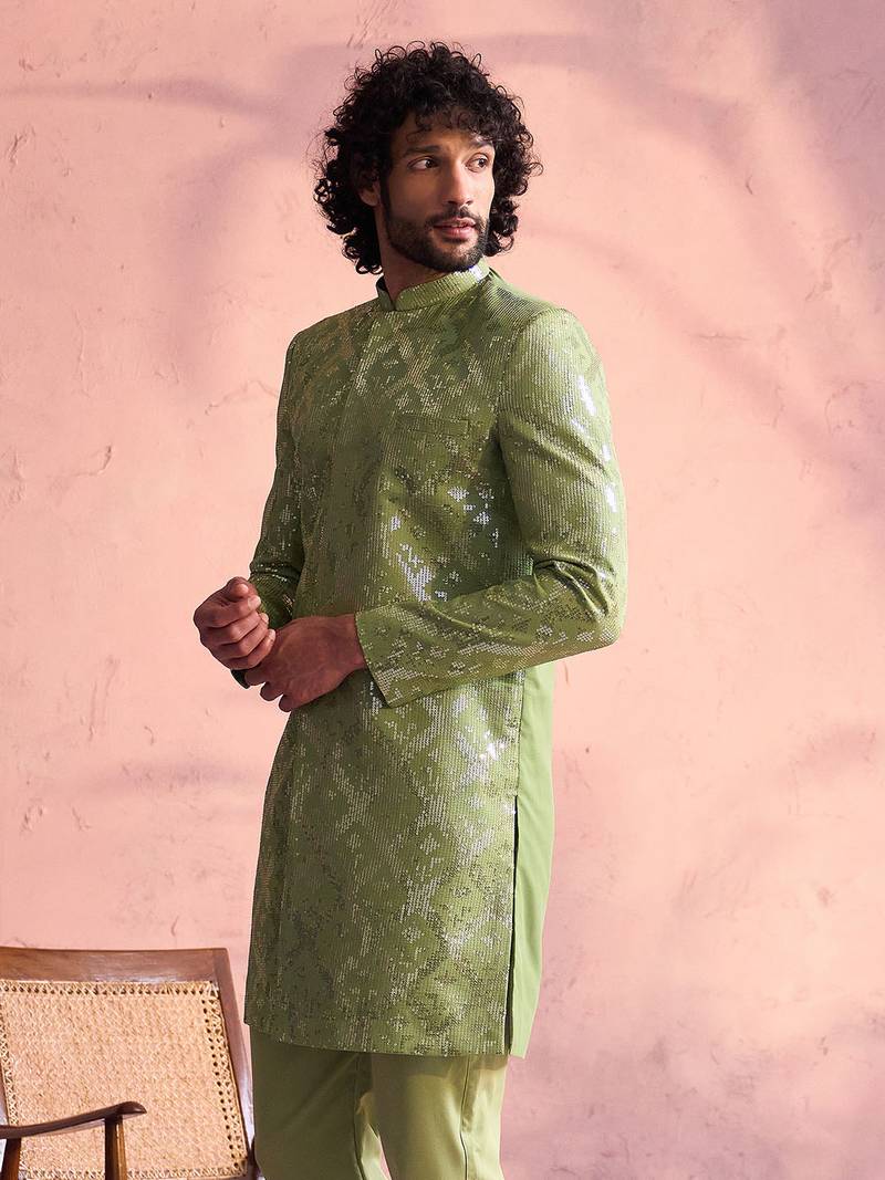 Vastramay men's mint green georgette sherwani only top