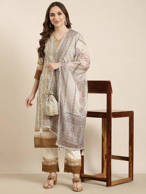 women's v-neck floral foil print beige straight kurta and trouser with dupatta 1