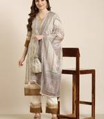 women's v-neck floral foil print beige straight kurta and trouser with dupatta