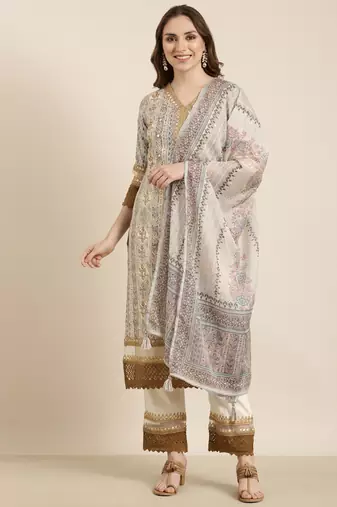 women's v-neck floral foil print beige straight kurta and trouser with dupatta