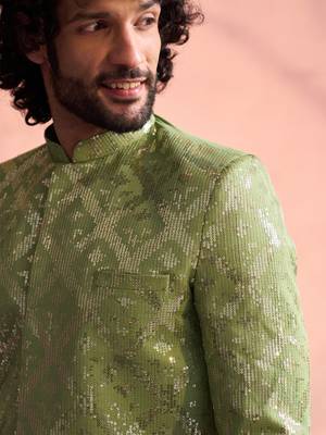 Vastramay men's mint green georgette sherwani only top 4